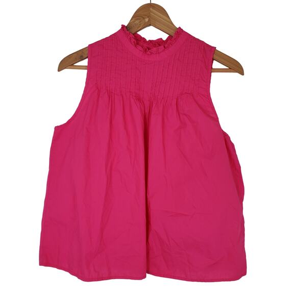 J Crew Pink High Ruffle Neck Pin Tuck Yoke Button Detail Sleeveless Top Medium - Picture 1 of 6